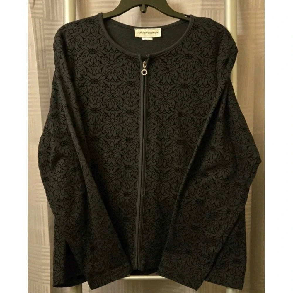 Cathy Daniels Womens Black Full Zip‎ Floral Velvet Long Sleeve Jacket Sz Large
